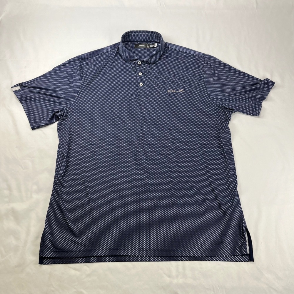 RLX Ralph Lauren Mens XL Navy Blue White Polka Dot Performance Golf Polo Shirt